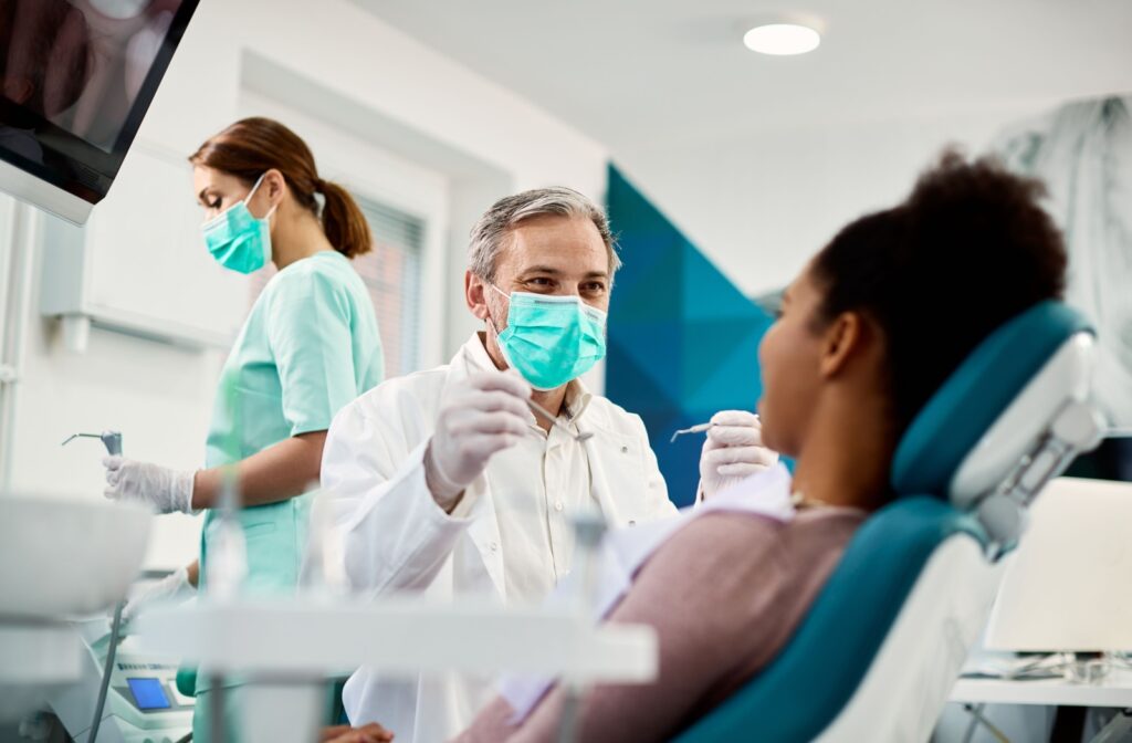 A patient at her dentist's office for her biannual dental recall exam.